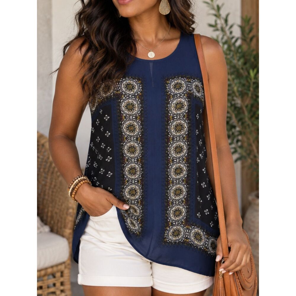 Artisan NY XS Navy Blue Boho Medallion Print Sleeveless Blouse Tunic Top